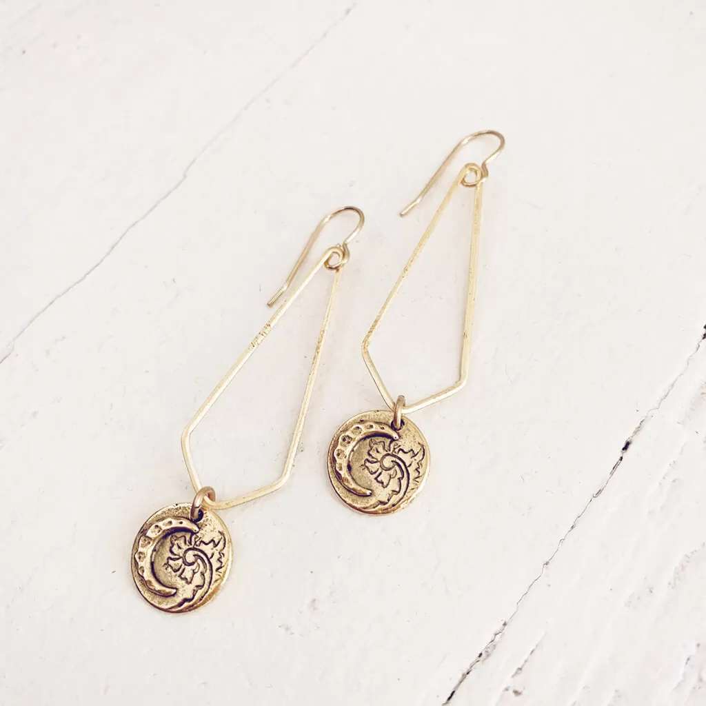 moon flower // long brass chevron earrings with moon & flower charm