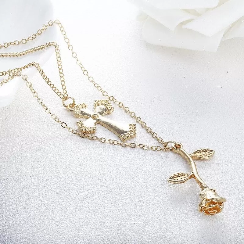 Multi-layer Gold Chain Necklace with Floral Cross and Inverted Rose Pendant Necklace