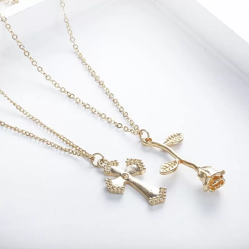 Multi-layer Gold Chain Necklace with Floral Cross and Inverted Rose Pendant Necklace