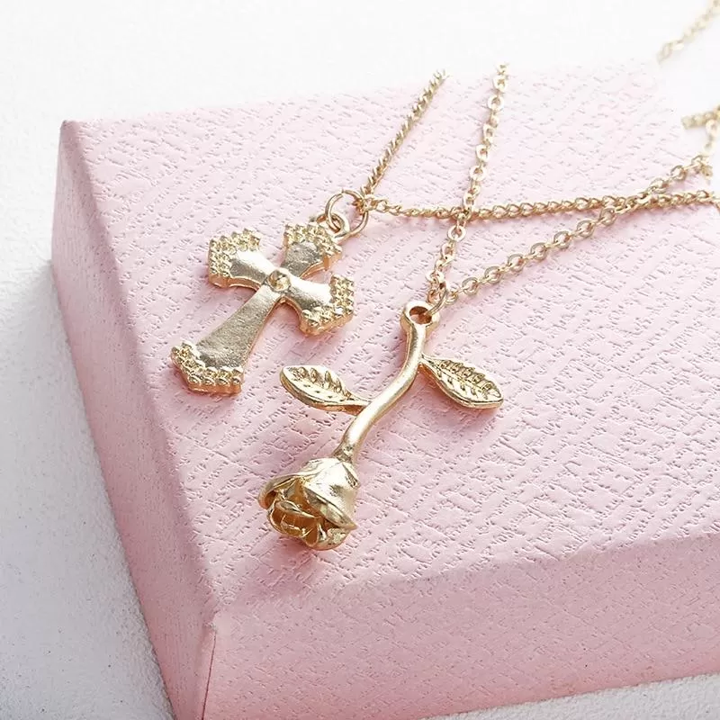 Multi-layer Gold Chain Necklace with Floral Cross and Inverted Rose Pendant Necklace