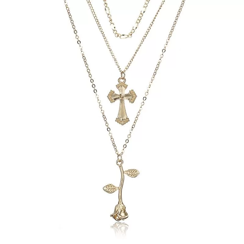 Multi-layer Gold Chain Necklace with Floral Cross and Inverted Rose Pendant Necklace