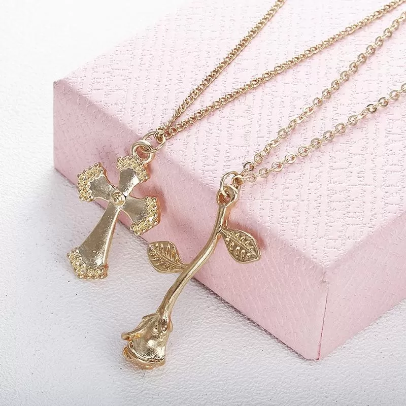 Multi-layer Gold Chain Necklace with Floral Cross and Inverted Rose Pendant Necklace