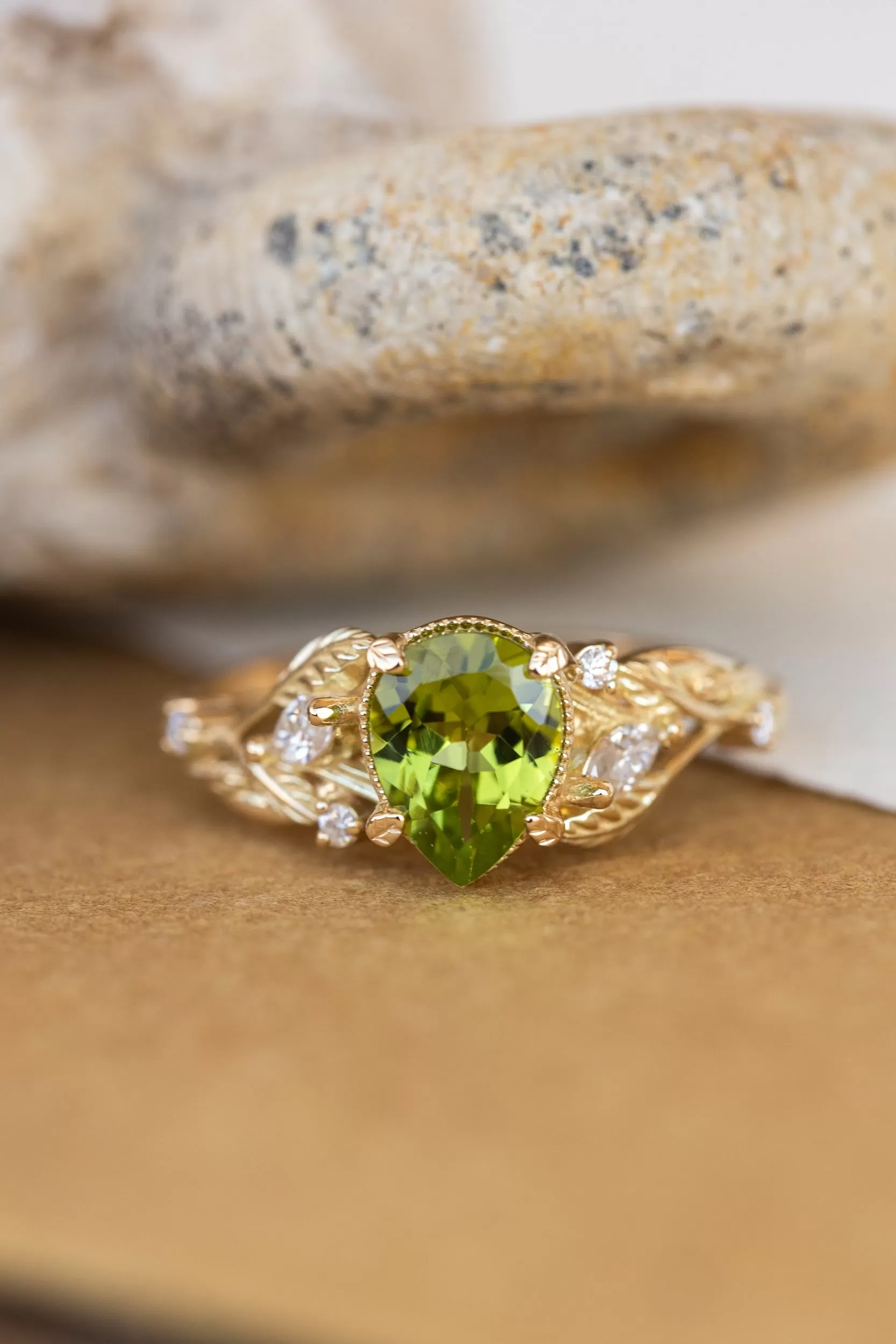 Natural peridot engagement ring, gold vines and leaves ring with accent diamonds  / Patricia