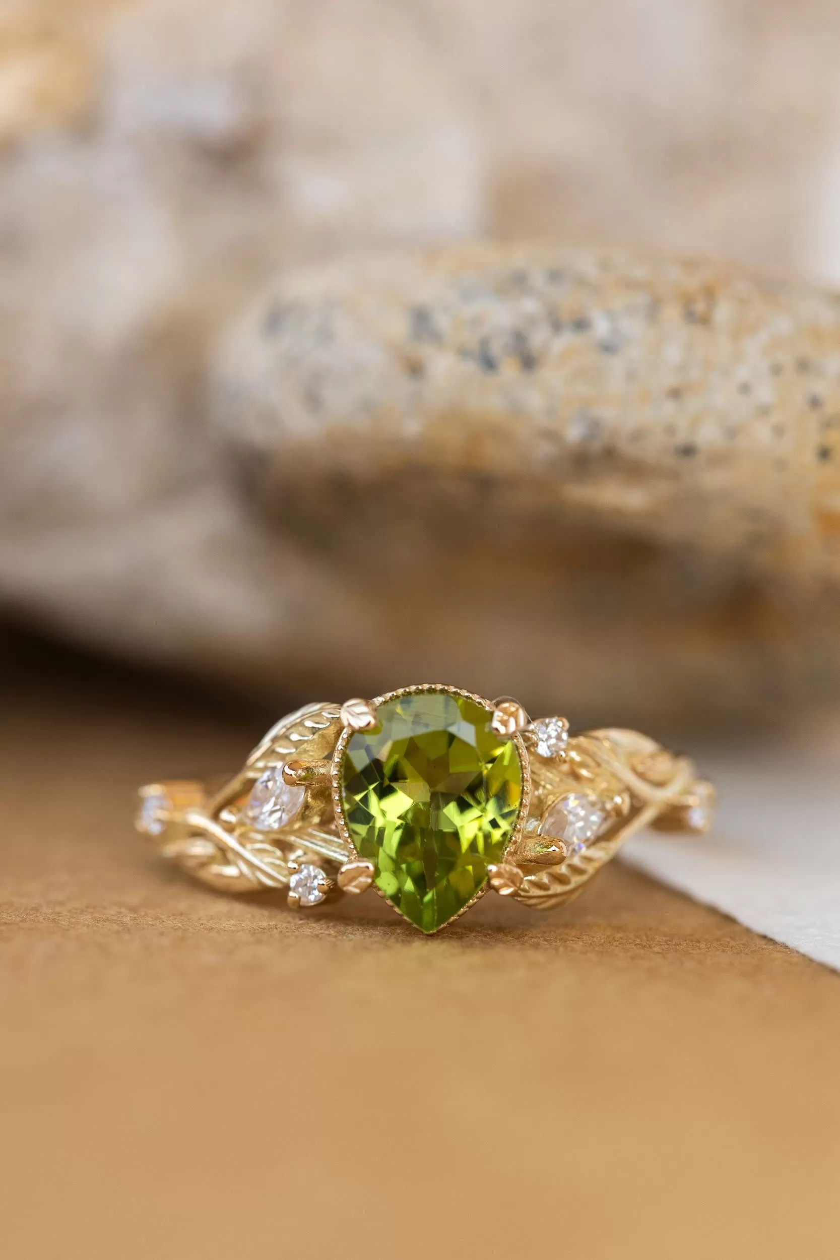 Natural peridot engagement ring, gold vines and leaves ring with accent diamonds  / Patricia