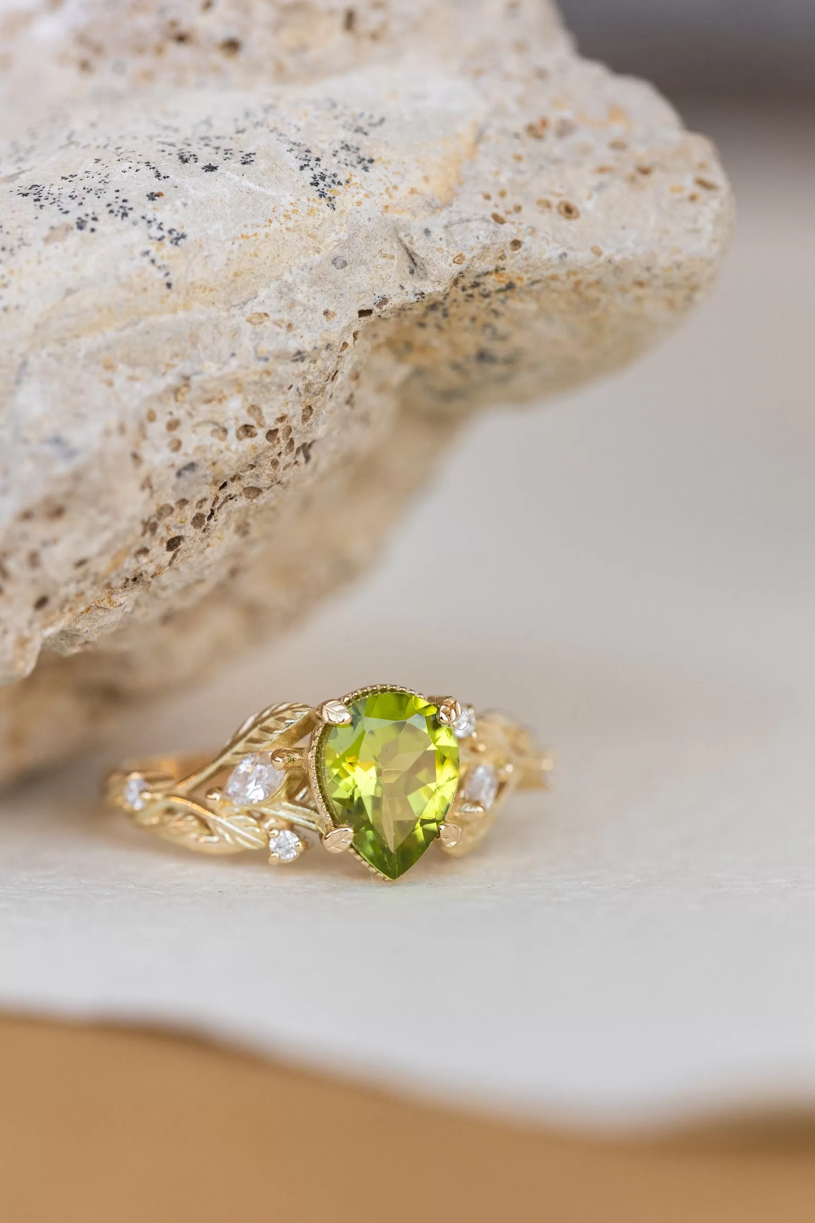 Natural peridot engagement ring, gold vines and leaves ring with accent diamonds  / Patricia