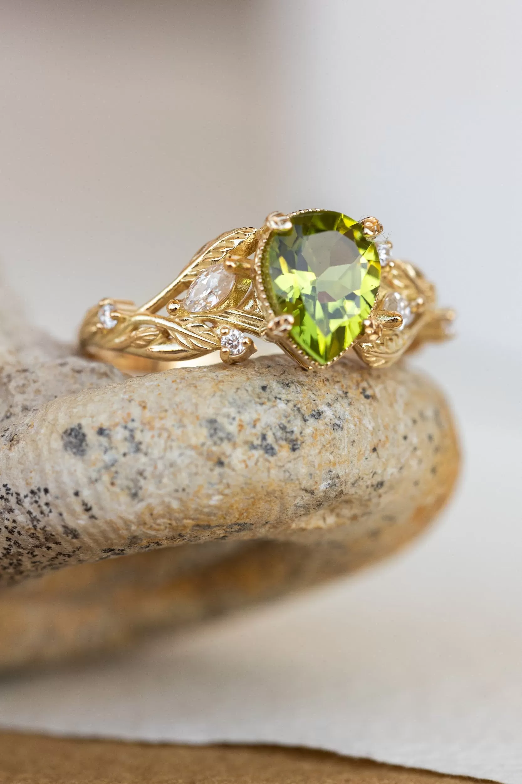 Natural peridot engagement ring, gold vines and leaves ring with accent diamonds  / Patricia