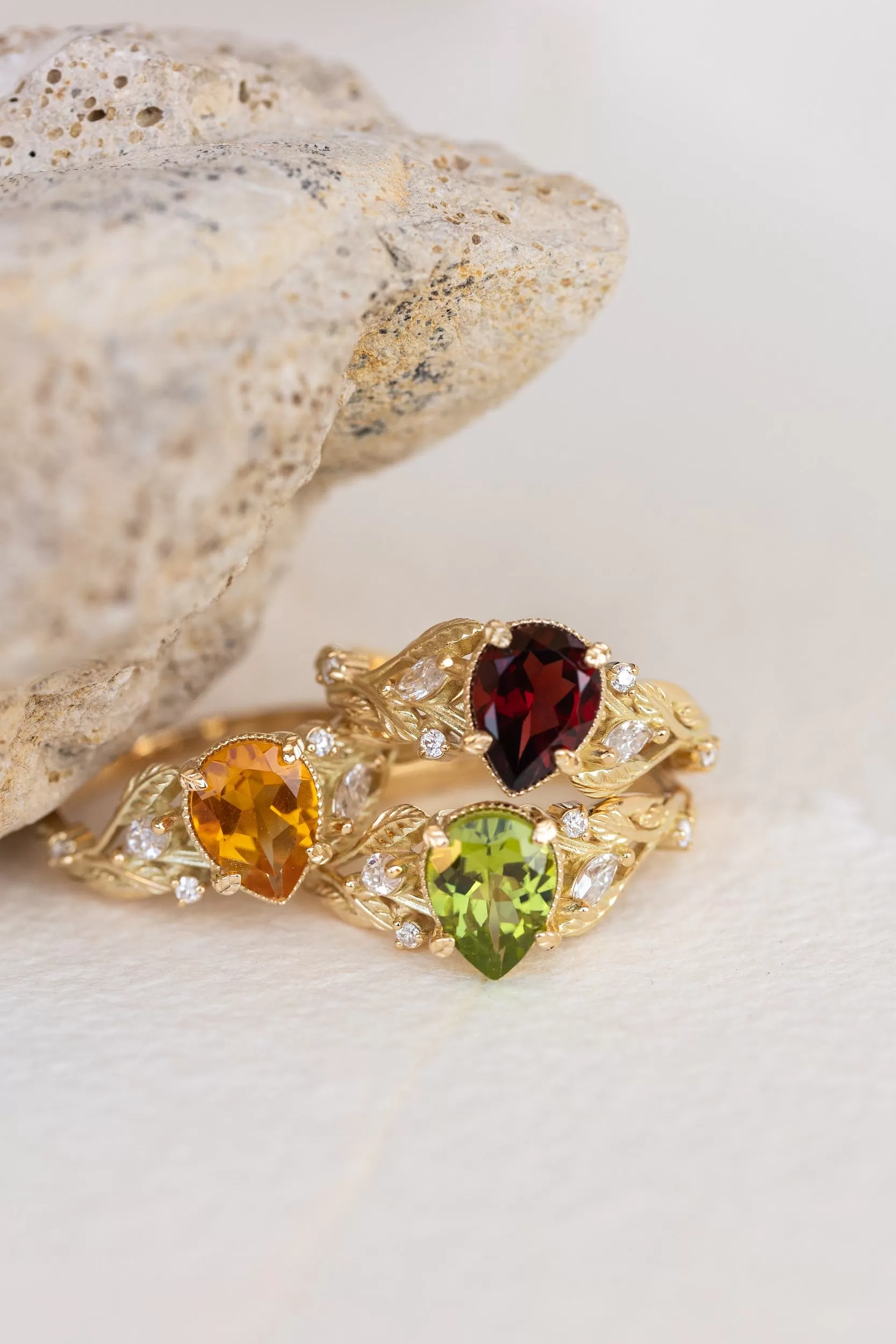 Natural peridot engagement ring, gold vines and leaves ring with accent diamonds  / Patricia