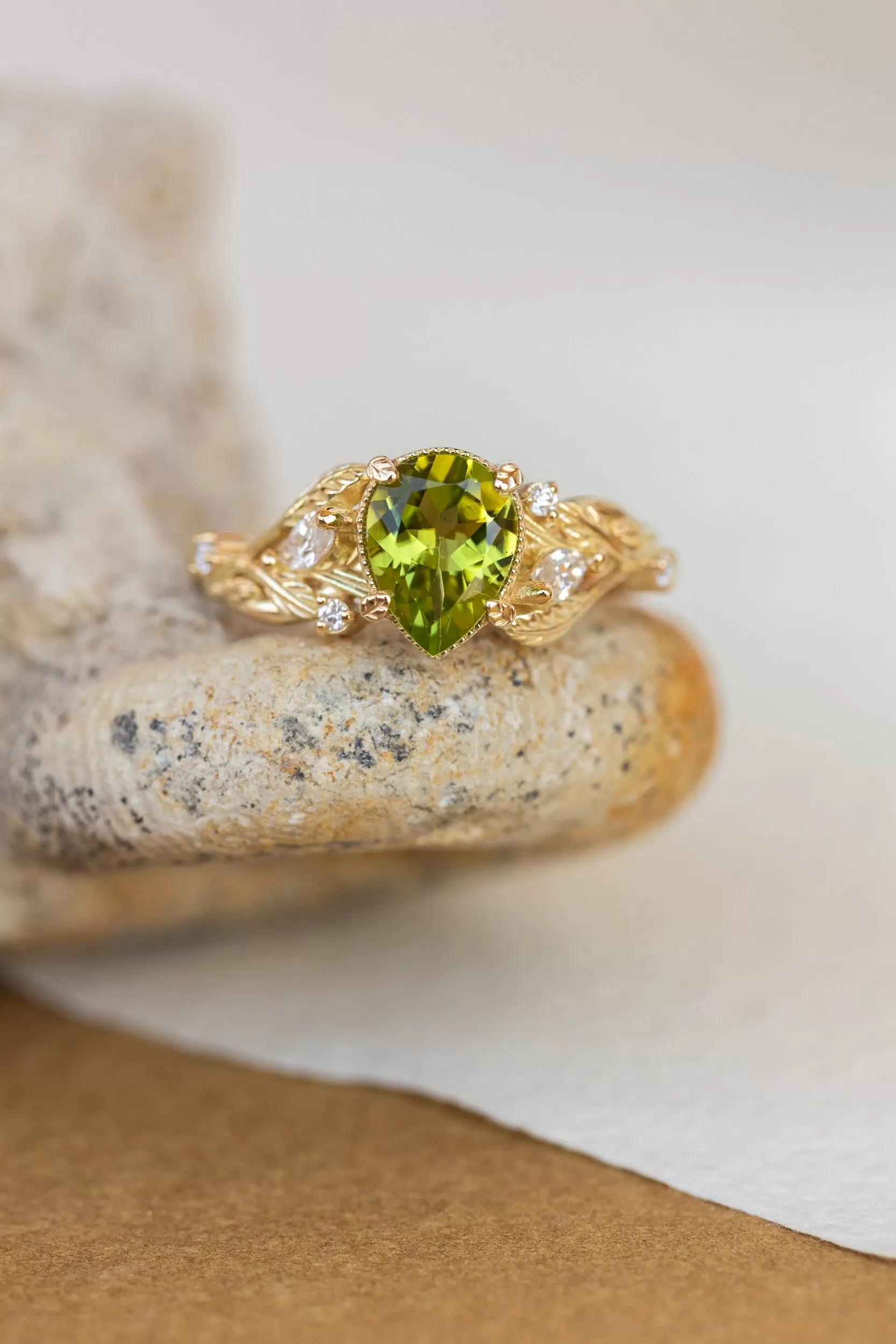 Natural peridot engagement ring, gold vines and leaves ring with accent diamonds  / Patricia