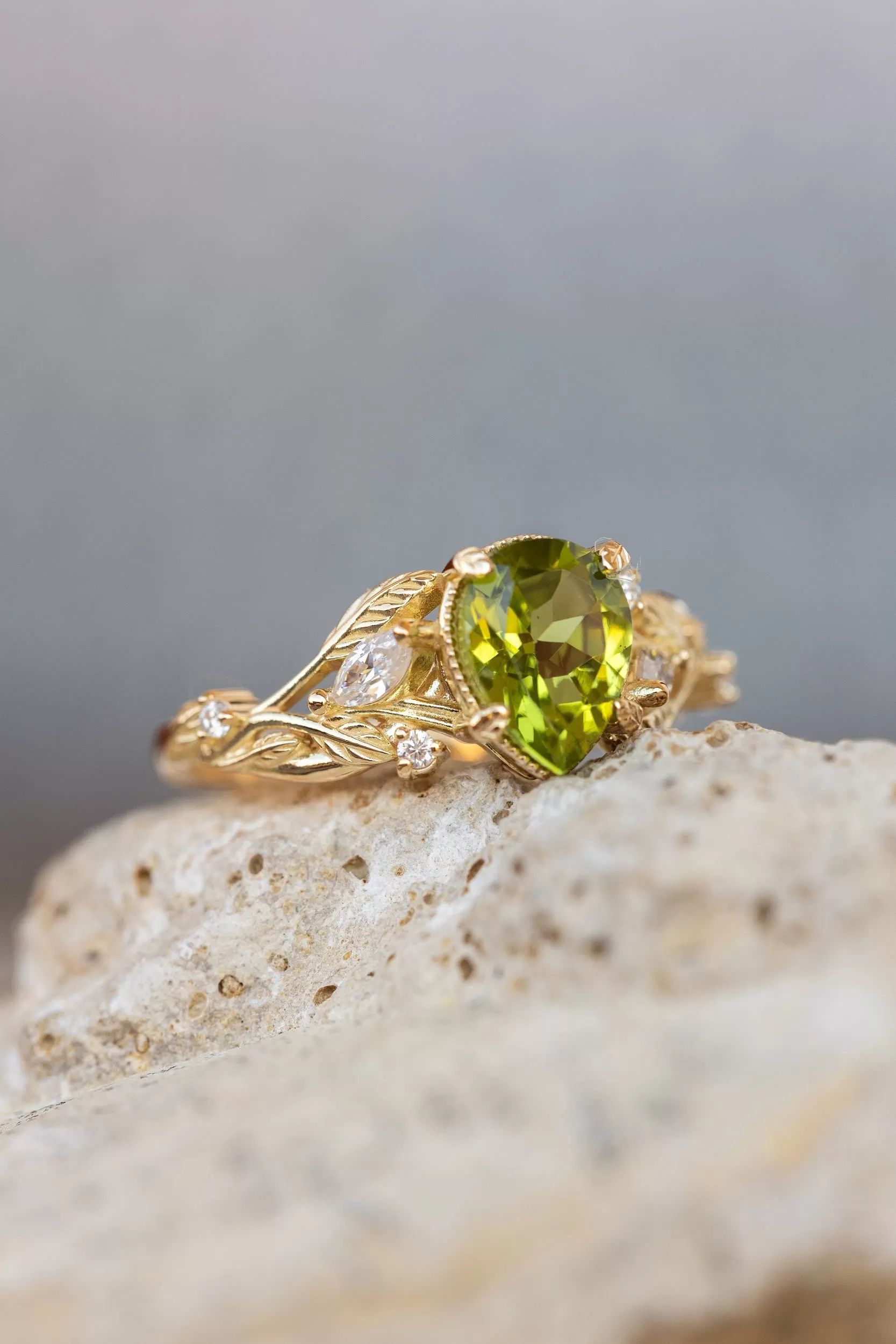 Natural peridot engagement ring, gold vines and leaves ring with accent diamonds  / Patricia