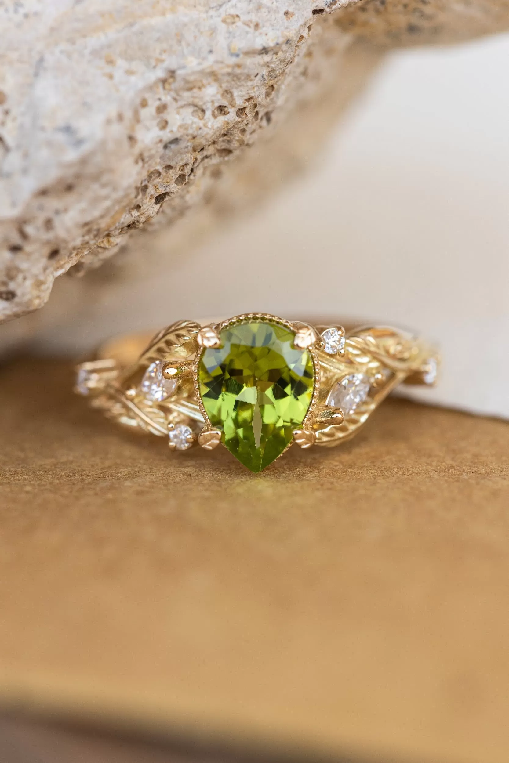 Natural peridot engagement ring, gold vines and leaves ring with accent diamonds  / Patricia