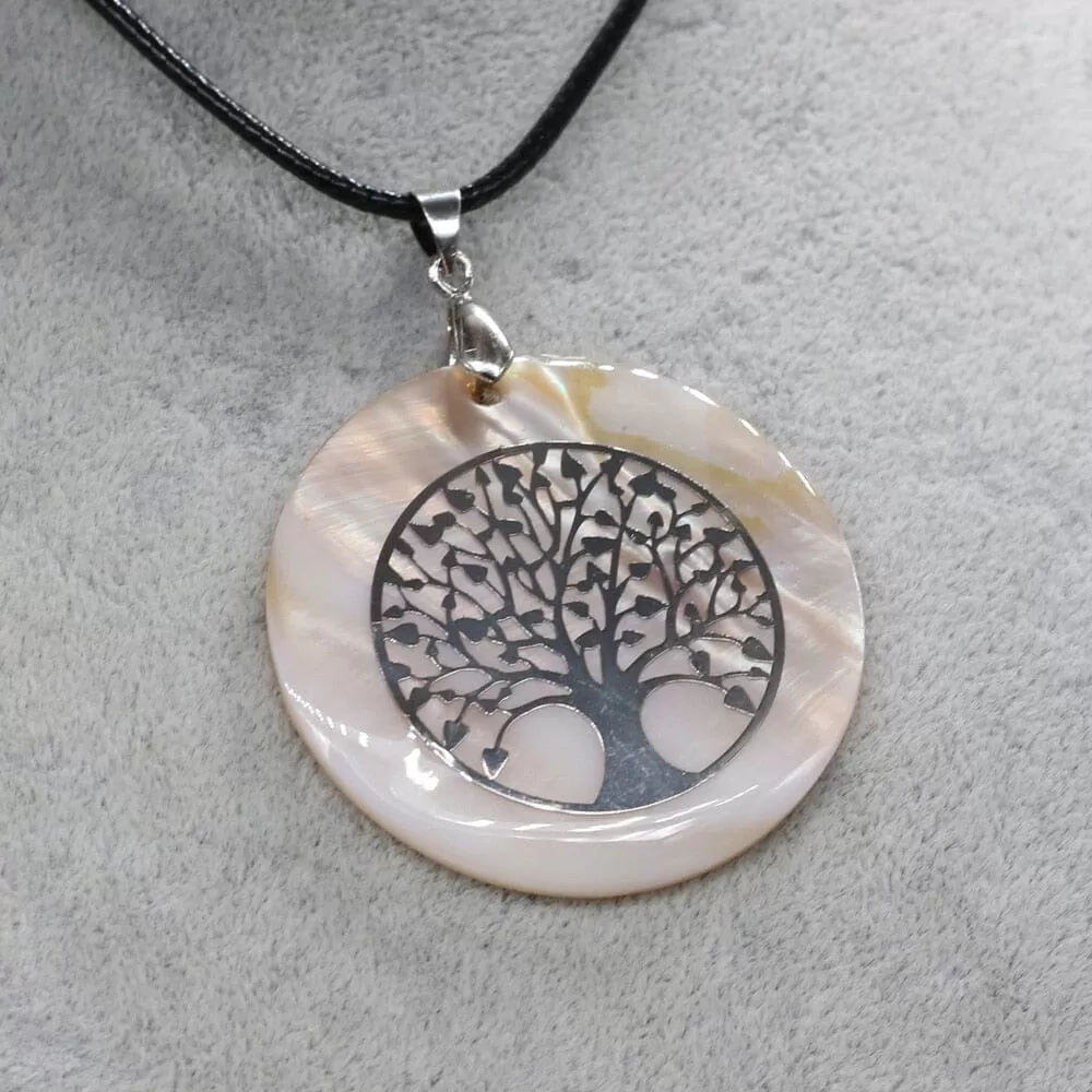 Natural Round Mother of Pearl Shell Pendant Tree of Life Necklace