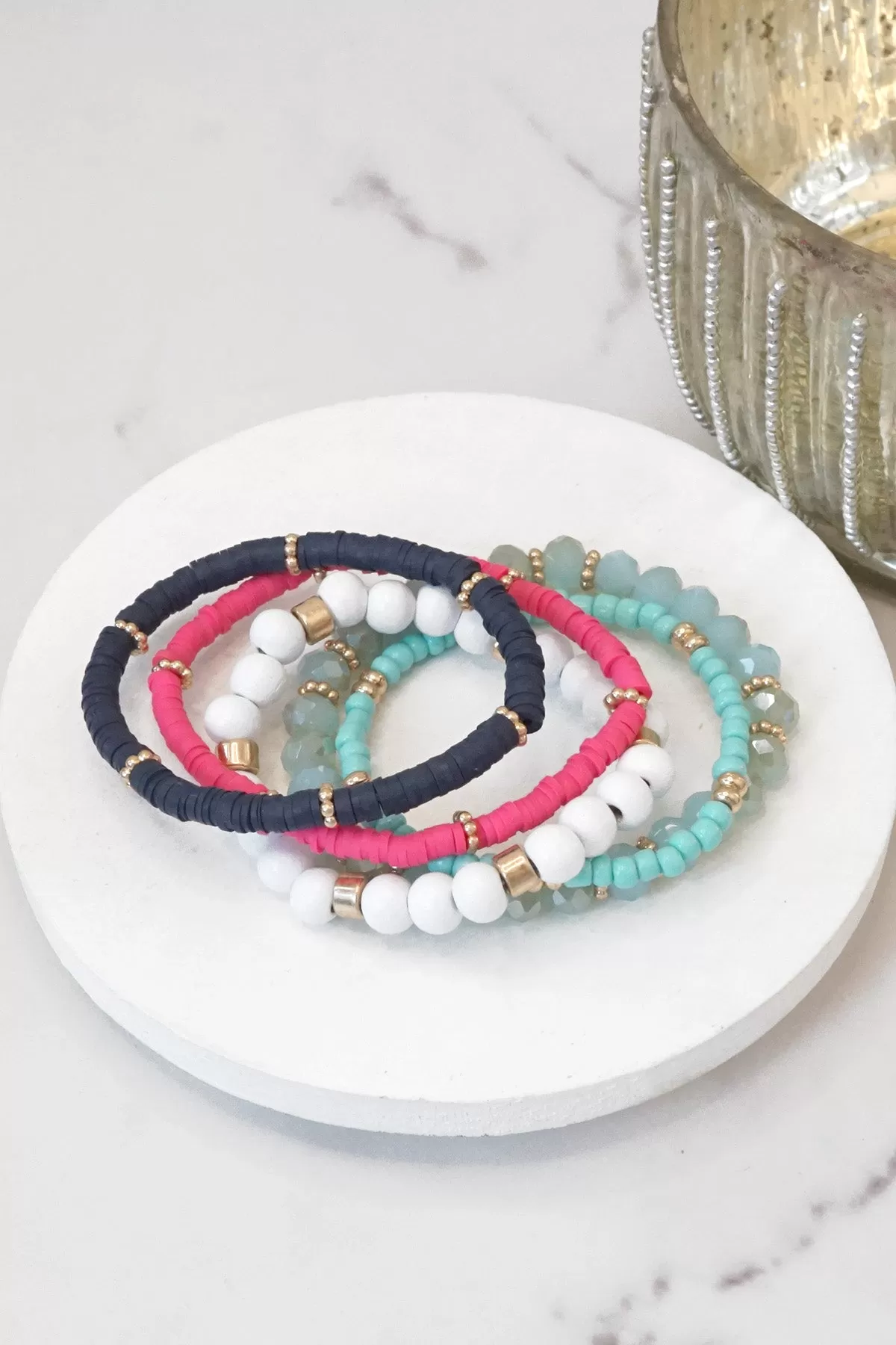 Nautical Navy Blue Hot Pink White stack clay glass wood beads bracelets set