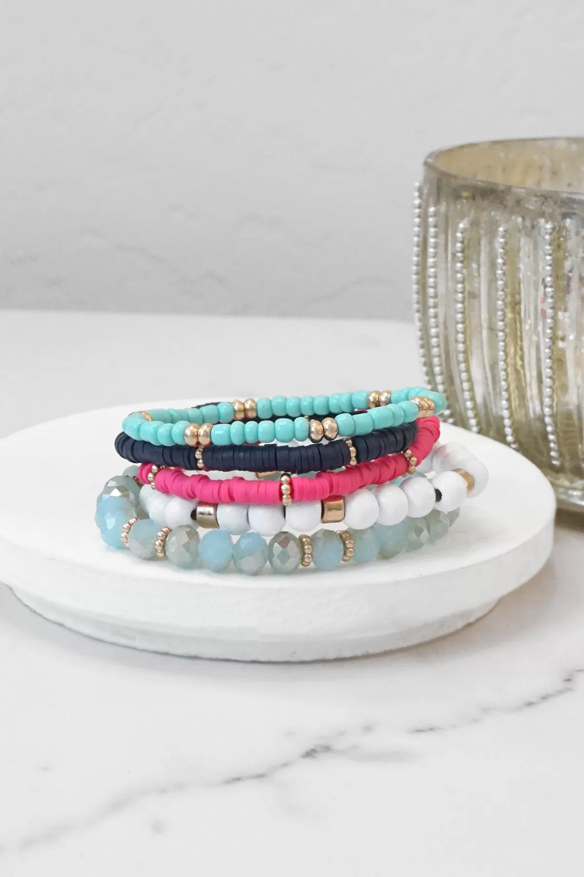 Nautical Navy Blue Hot Pink White stack clay glass wood beads bracelets set