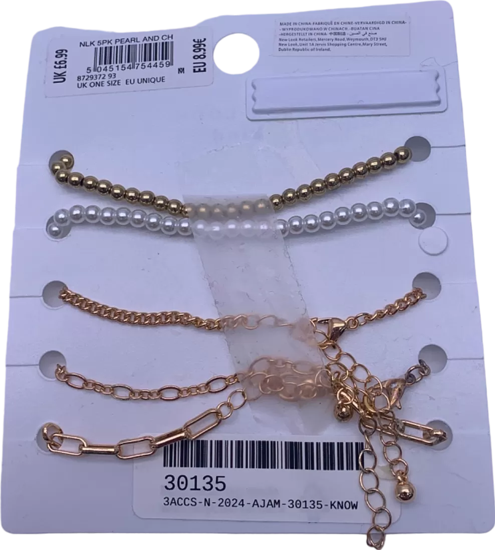 New Look Gold/White 5-Pack Pearl and Chain Bracelets UK One Size