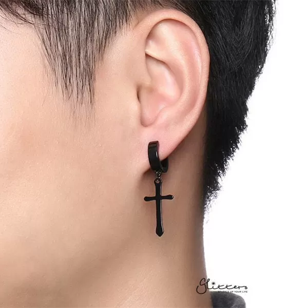 Non-Pierced Stainless Steel Clip On Cross Dangle Hoop Earrings - Black