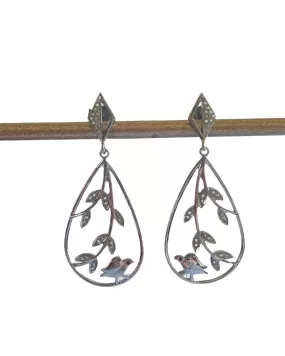 Oxidized Silver Teardrop Birdie Earrings