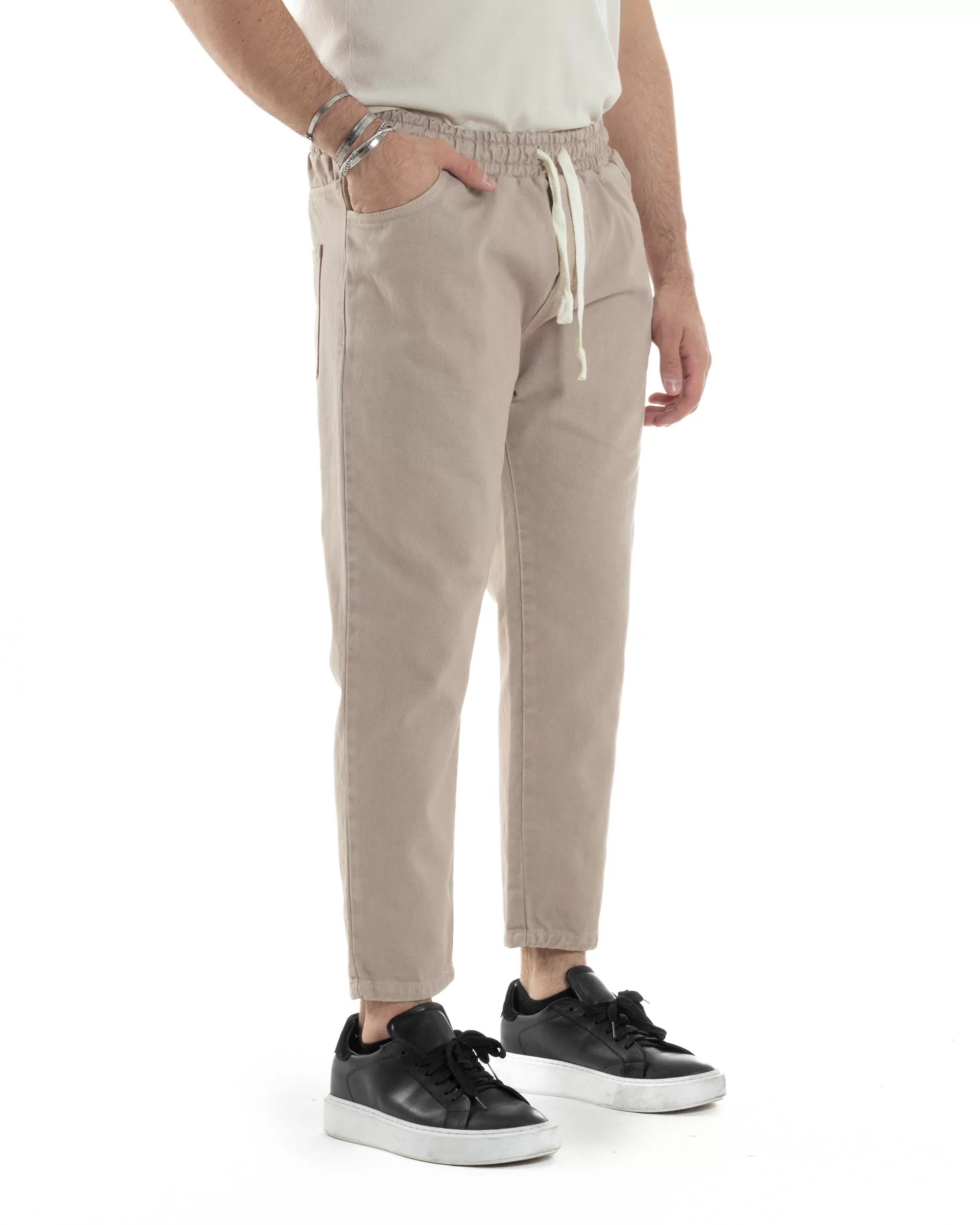 Pantaloni Jeans Uomo Regular Fit Pantalaccio Semplice Jogger Tinta Unita Beige GIOSAL-JS1027A