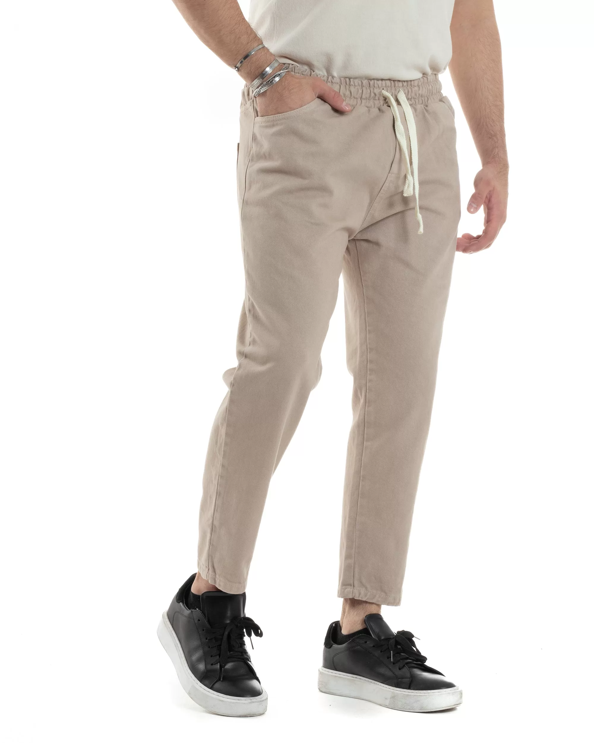 Pantaloni Jeans Uomo Regular Fit Pantalaccio Semplice Jogger Tinta Unita Beige GIOSAL-JS1027A