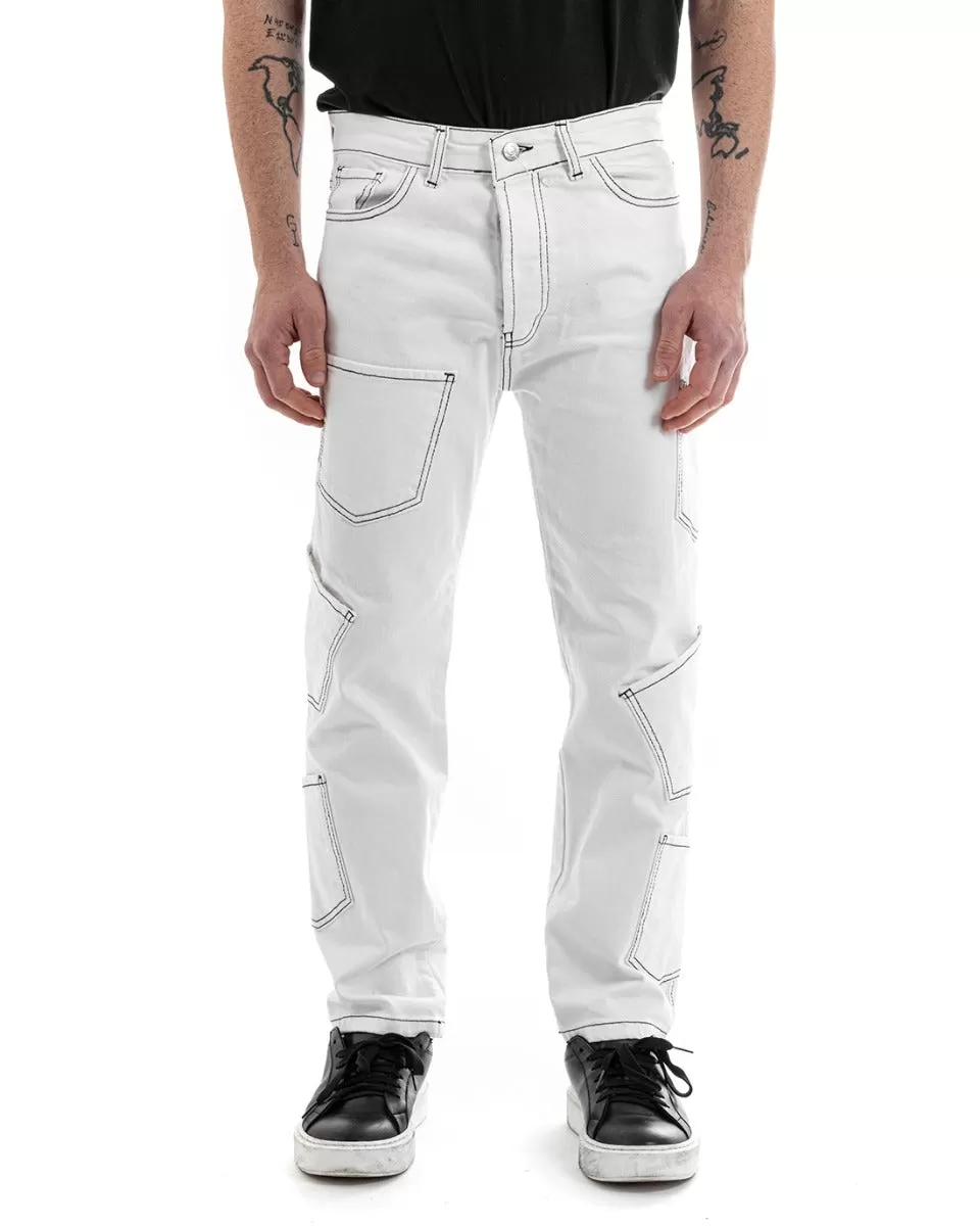 Pantaloni Uomo Lungo Cargo Jeans Bianco Tasche Straight Fit GIOSAL-P5661A