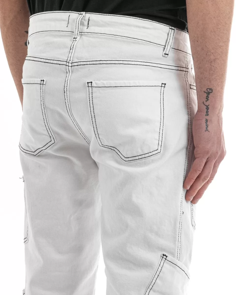 Pantaloni Uomo Lungo Cargo Jeans Bianco Tasche Straight Fit GIOSAL-P5661A