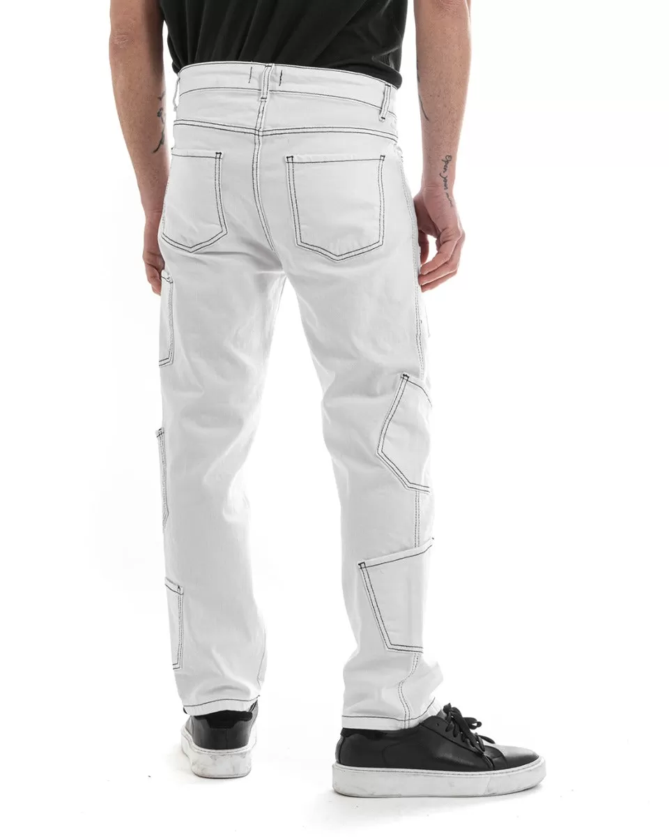 Pantaloni Uomo Lungo Cargo Jeans Bianco Tasche Straight Fit GIOSAL-P5661A