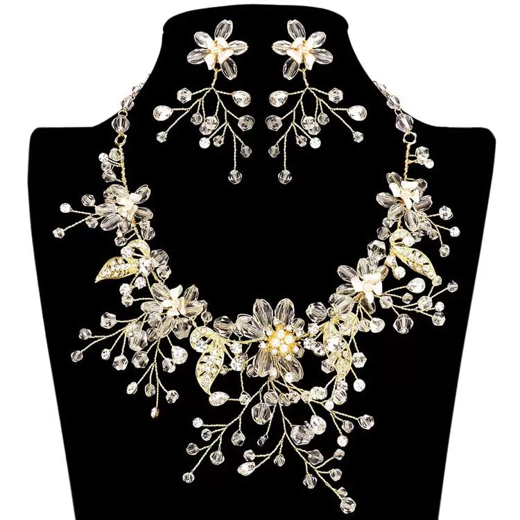 Pearl Stone Bead Embellished Flower Leaf Evening Necklace