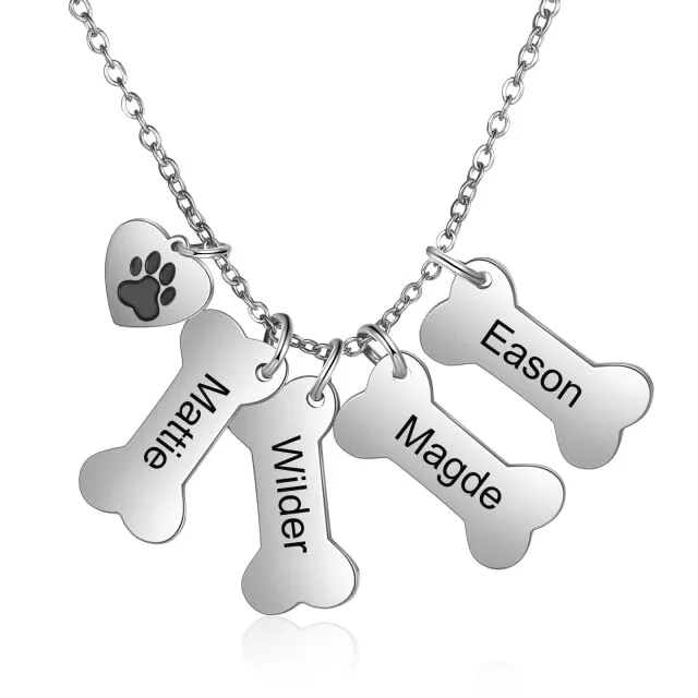 Personalized 4 Names Dog Bone Necklace with Pet Paw Customized Engraving Name Pendant Memorial Jewelry Gifts