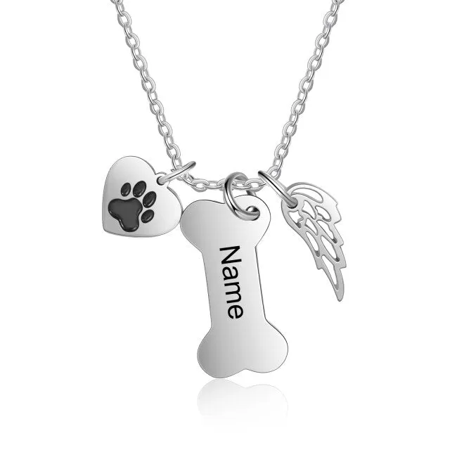 Personalized 4 Names Dog Bone Necklace with Pet Paw Customized Engraving Name Pendant Memorial Jewelry Gifts