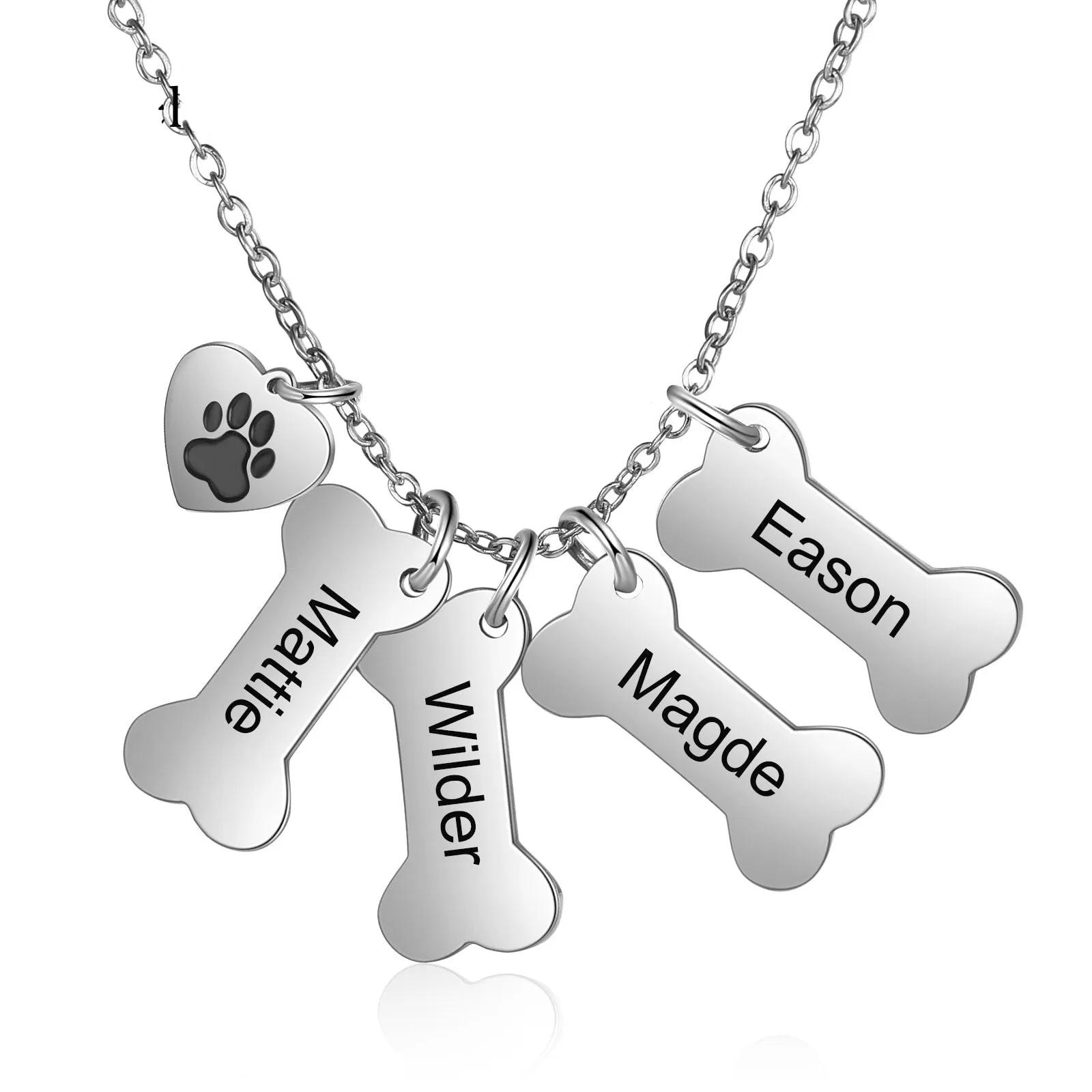 Personalized 4 Names Dog Bone Necklace with Pet Paw Customized Engraving Name Pendant Memorial Jewelry Gifts