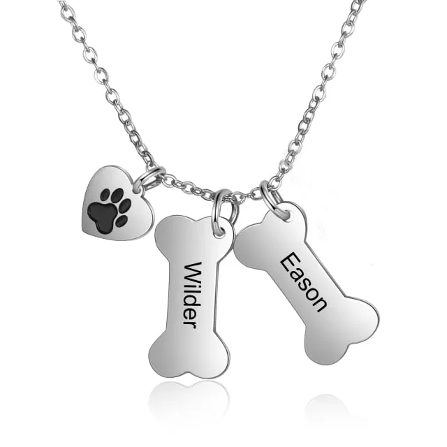 Personalized 4 Names Dog Bone Necklace with Pet Paw Customized Engraving Name Pendant Memorial Jewelry Gifts