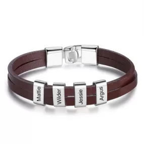 Personalized Engraving Name Bead Bracelet Brown Black Leather Stainless Steel Customized Bracelets for Men Fathers Day Gift