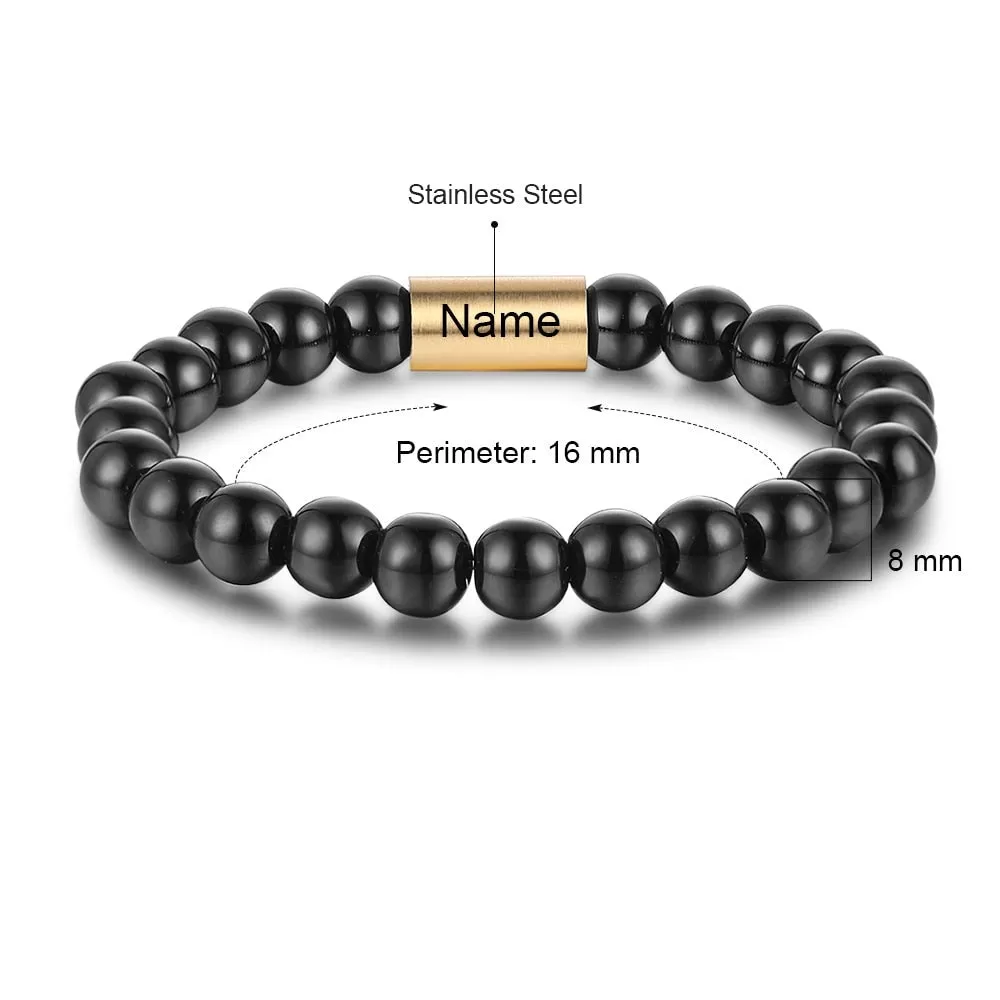 Personalized Name Engraved Black Beads Chain Bracelets For Men