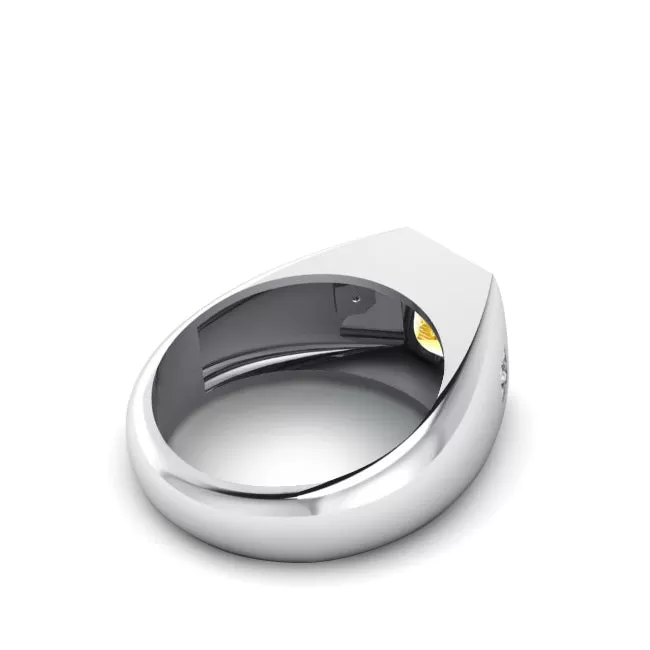 Personalized Ring Gift for Man 18K White Gold with 0.06ct Diamonds and Citrine Gemstone Male Jewelry