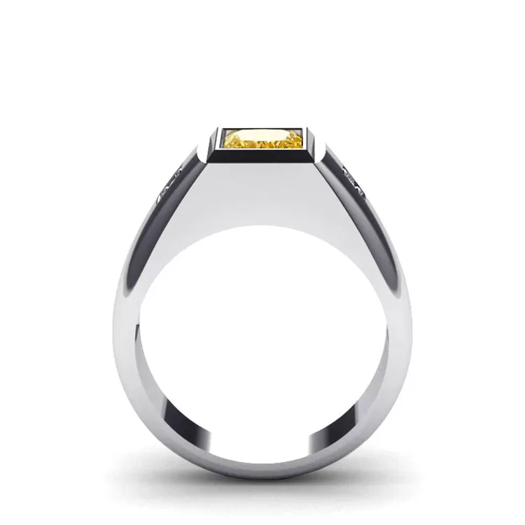 Personalized Ring Gift for Man 18K White Gold with 0.06ct Diamonds and Citrine Gemstone Male Jewelry