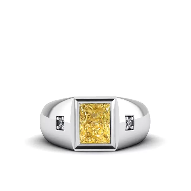 Personalized Ring Gift for Man 18K White Gold with 0.06ct Diamonds and Citrine Gemstone Male Jewelry