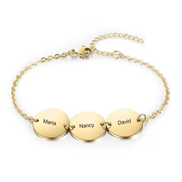 Personalized Stainless Steel Round Discs Engraved Bracelets for Women Customized 3 Names Friendship Bracelets & Bangles