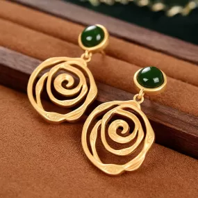 Petite Natural Hetian Inlaid Green Jade Spiral Earrings