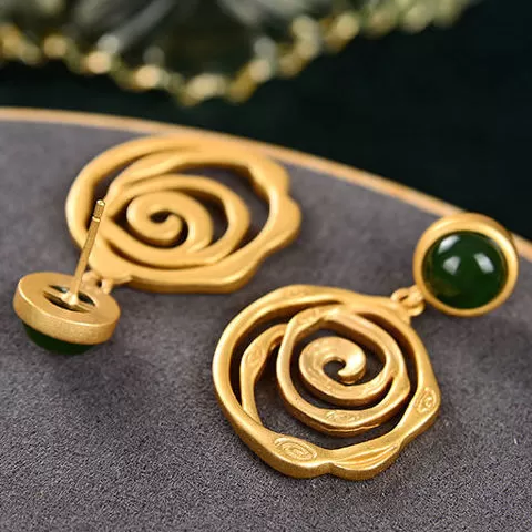 Petite Natural Hetian Inlaid Green Jade Spiral Earrings