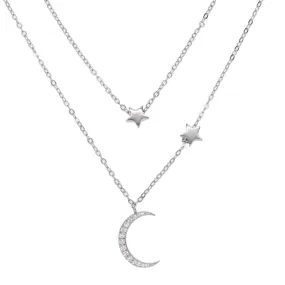 Platinum Silver Multi-layer Crescent Moon and Star Chain Necklace