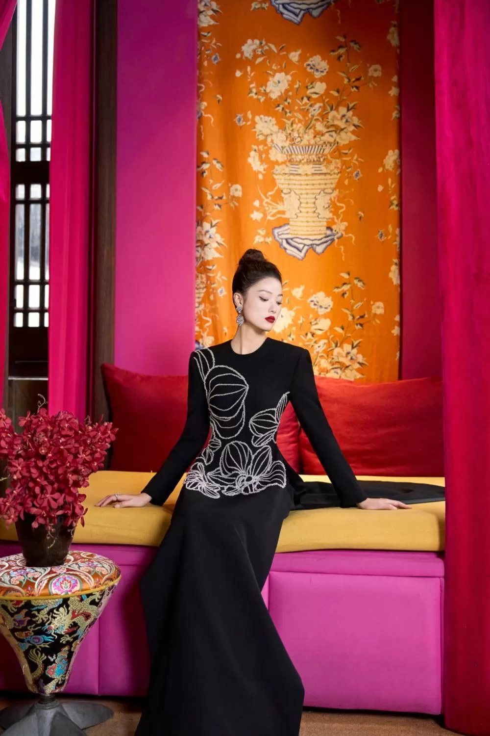 Radiax Sheath Round Neck Velvet Satin Floor Length Ao Dai