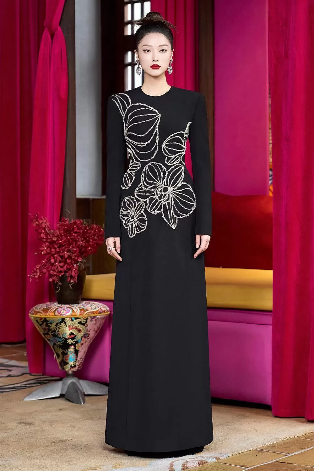 Radiax Sheath Round Neck Velvet Satin Floor Length Ao Dai