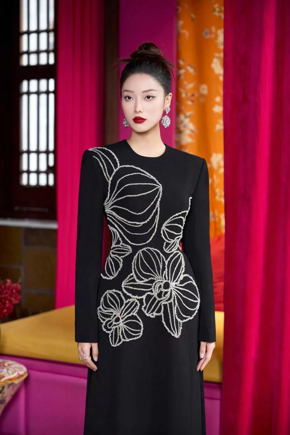 Radiax Sheath Round Neck Velvet Satin Floor Length Ao Dai