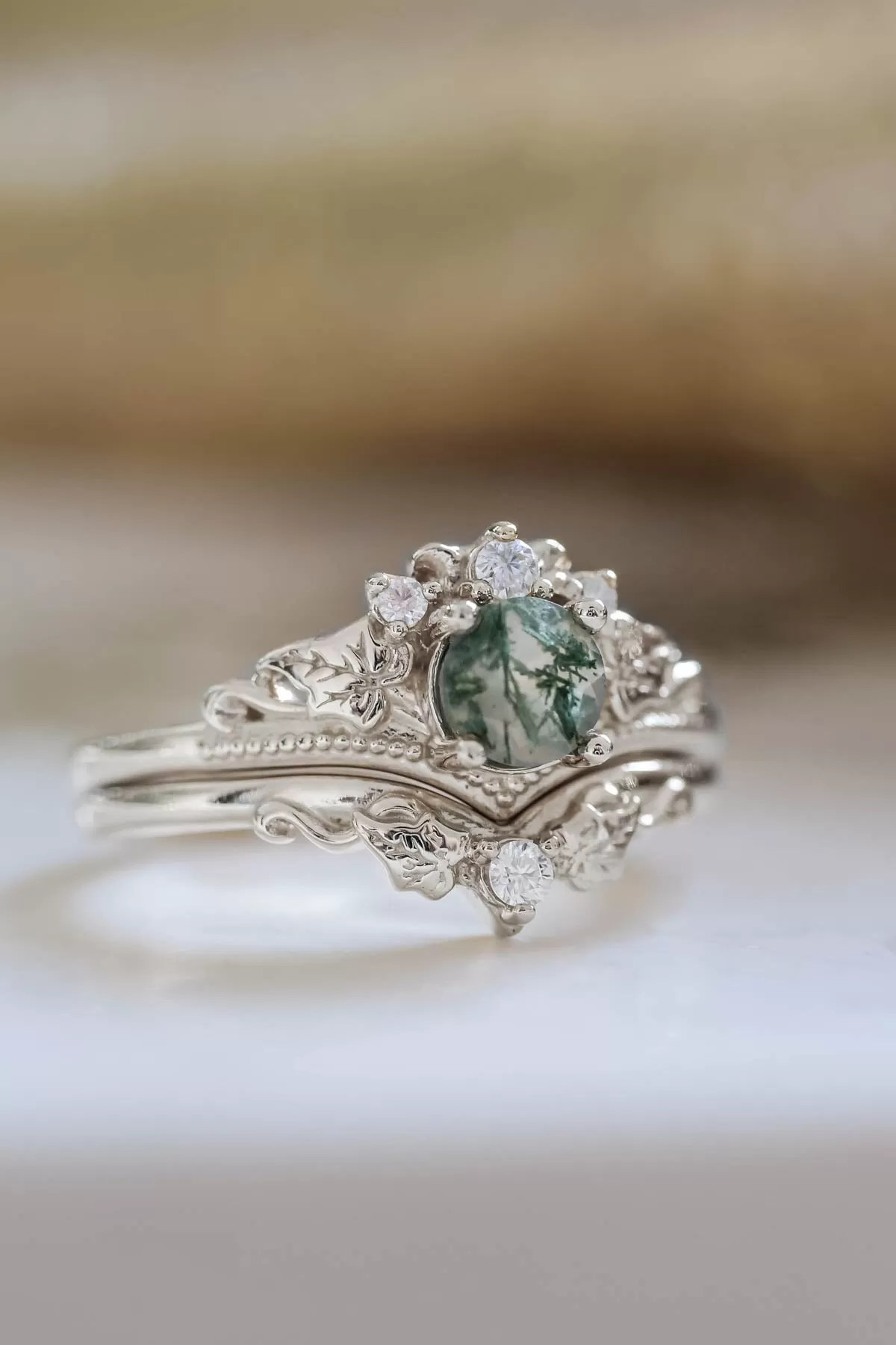 READY TO SHIP: Ariadne bridal ring set in 18K white gold, natural moss agate 5 mm, accent lab grown diamonds, AVAILABLE RING SIZES: 6-8 US