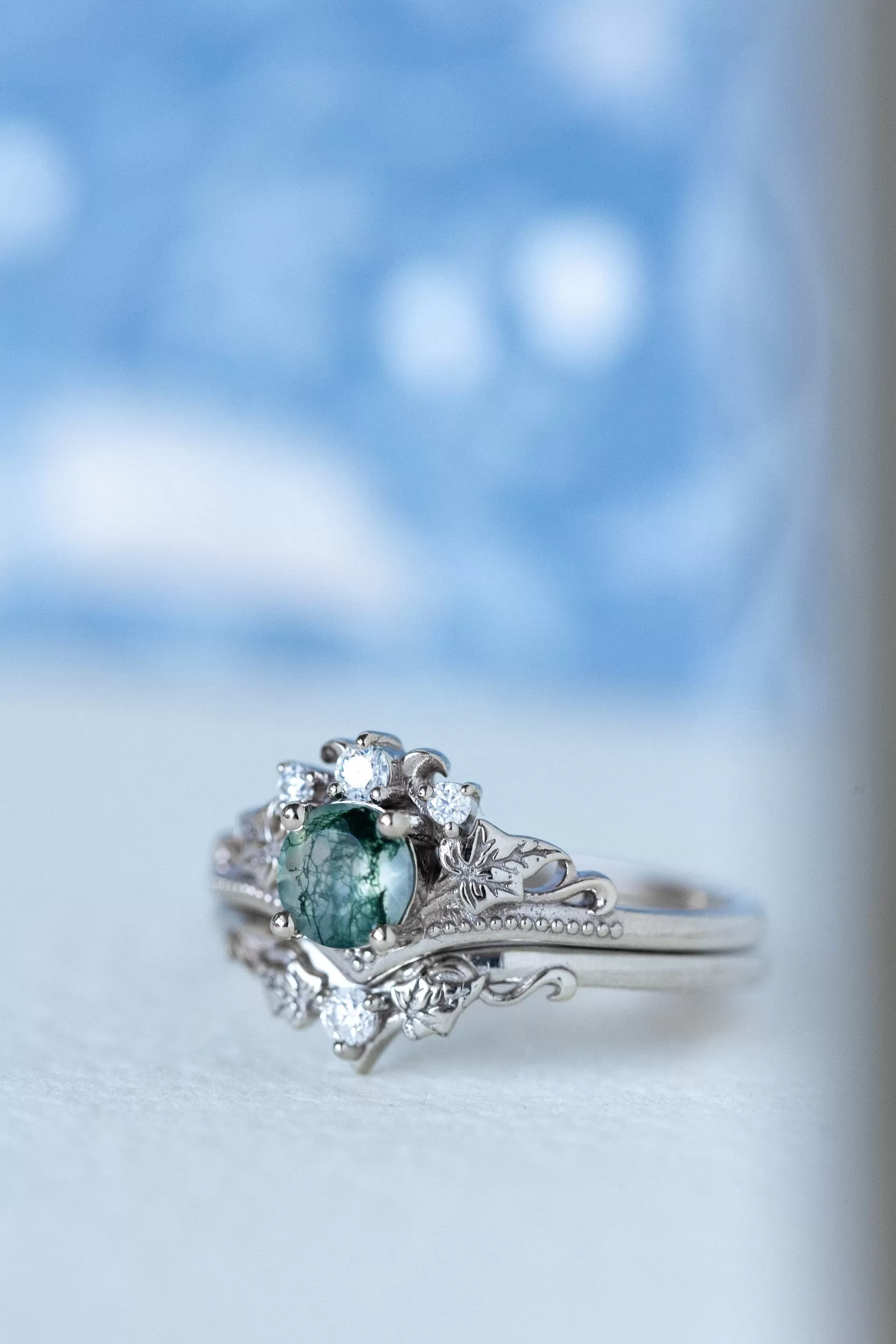 READY TO SHIP: Ariadne bridal ring set in 18K white gold, natural moss agate 5 mm, accent lab grown diamonds, AVAILABLE RING SIZES: 6-8 US