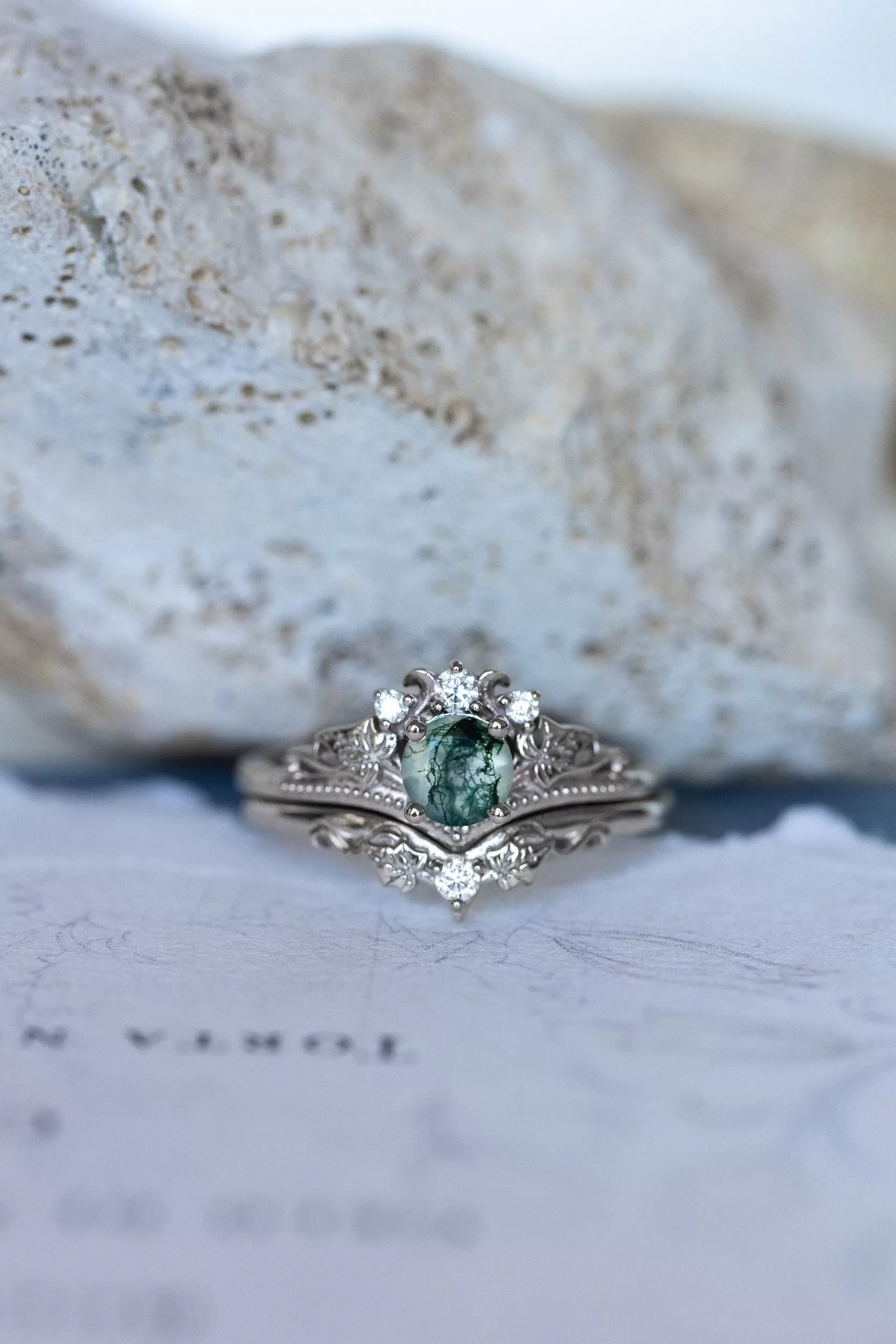 READY TO SHIP: Ariadne bridal ring set in 18K white gold, natural moss agate 5 mm, accent lab grown diamonds, AVAILABLE RING SIZES: 6-8 US