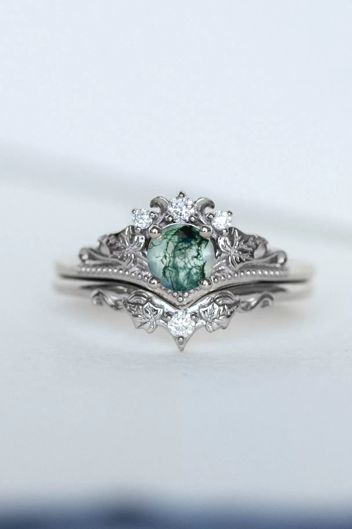 READY TO SHIP: Ariadne bridal ring set in 18K white gold, natural moss agate 5 mm, accent lab grown diamonds, AVAILABLE RING SIZES: 6-8 US