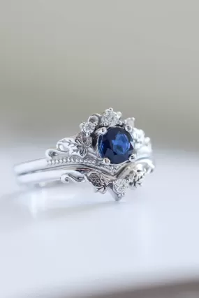 READY TO SHIP: Ariadne in 14K white gold, round cut natural non-treated blue sapphire 5 mm, moissanites, RING SIZE 7 US