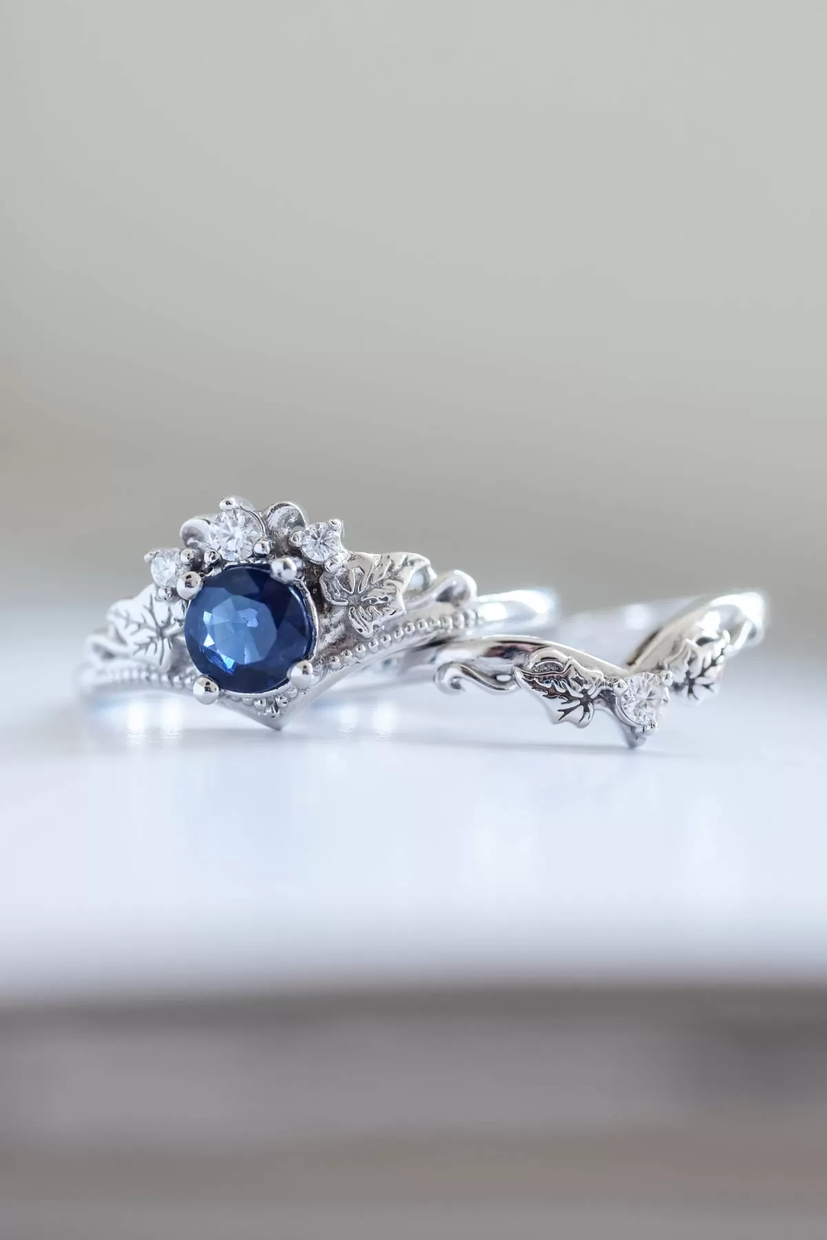 READY TO SHIP: Ariadne in 14K white gold, round cut natural non-treated blue sapphire 5 mm, moissanites, RING SIZE 7 US