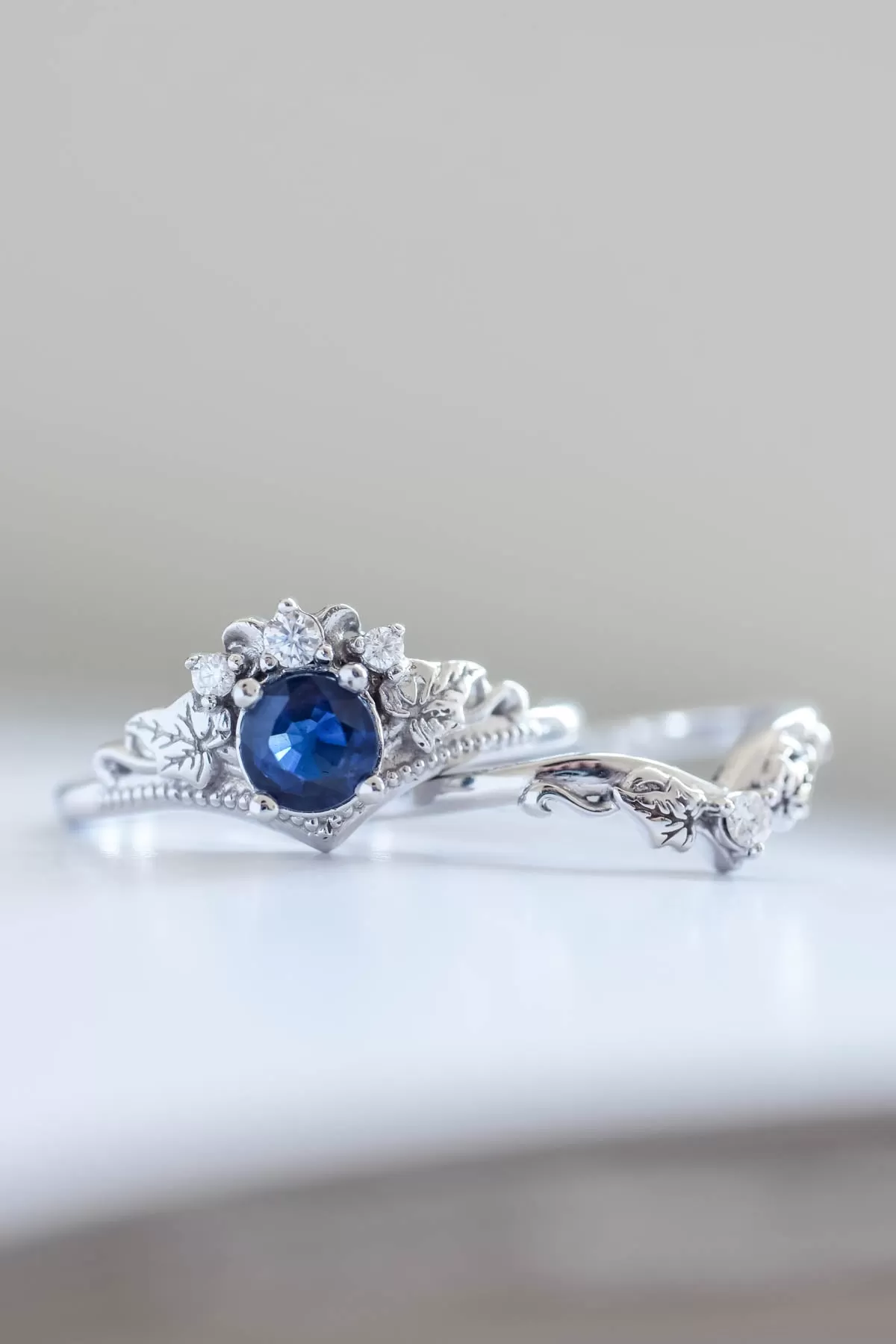 READY TO SHIP: Ariadne in 14K white gold, round cut natural non-treated blue sapphire 5 mm, moissanites, RING SIZE 7 US