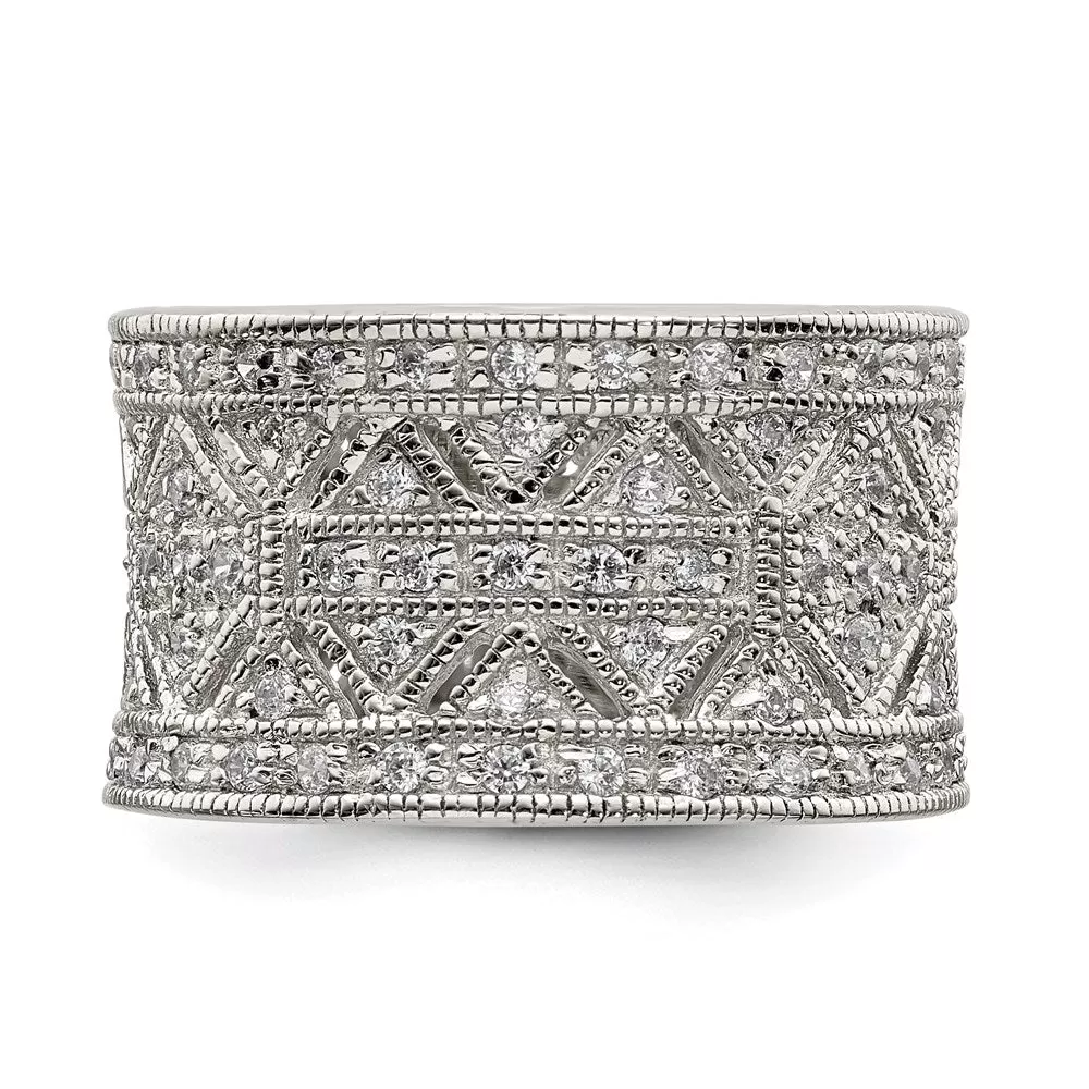 Rhodium-Plated Polished CZ Vintage Ring in Sterling Silver